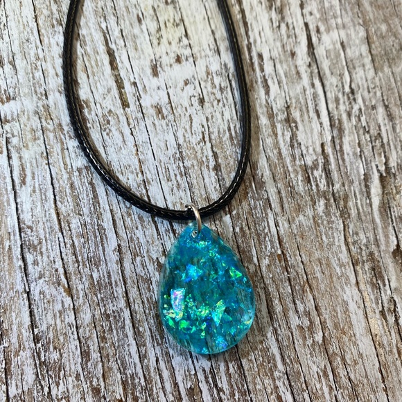 Iridescent Blue Teardrop Necklace - Handmade - Picture 6 of 13